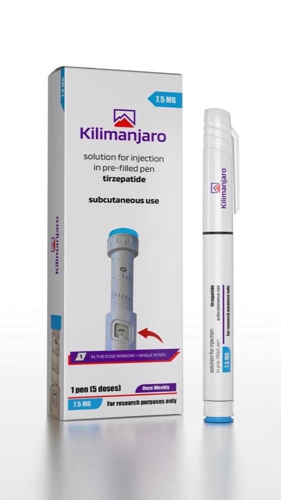 Kilimanjaro 7.5 mg tirzepatide pen and box, blue